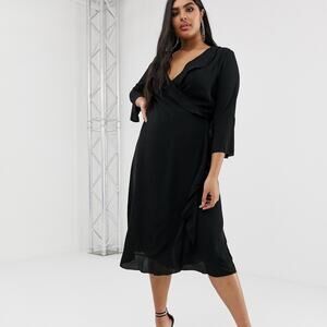 Outrageous Fortune Plus Black Ruffle Wrap Midi Dress US 16 Tie Waist
